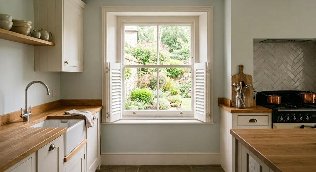 Café Style Shutters Open in Kitchen