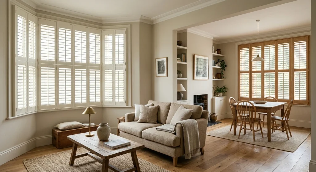 Living Room and Kitchen Different Shutter Finishes