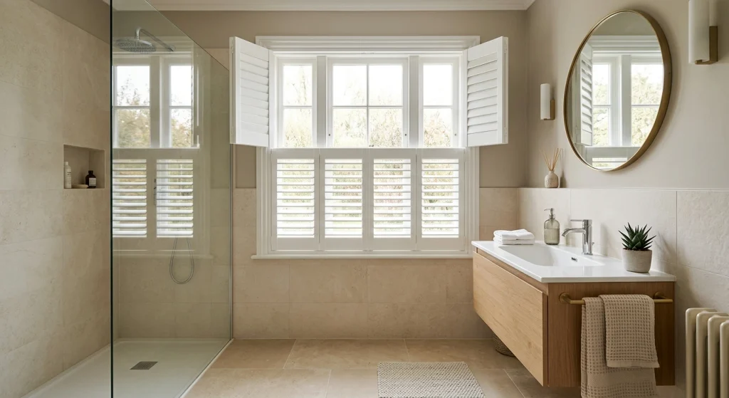 Privacy Focused Bathroom Shutters Open